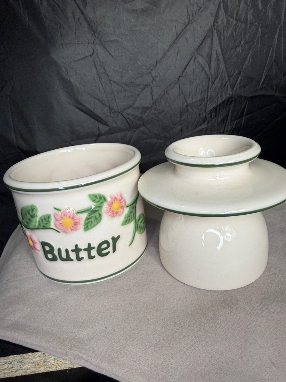 Ceramic Butter Crock with Pink Floral Accent - Green Trim